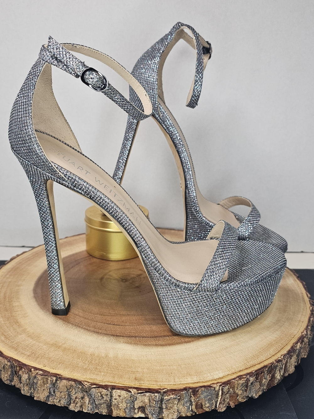 Stuart Weitzman Silver Glitter Platform Sandals